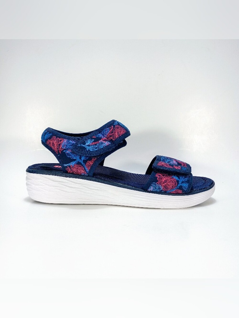 Ryka Nora Womens 10 Navy Blue Floral Print Ortholite Slingback Wedge Sandals